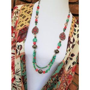 Artisan hand Crafted Necklace & Earrings Multi-Strands Turquoise & Coral Beaded